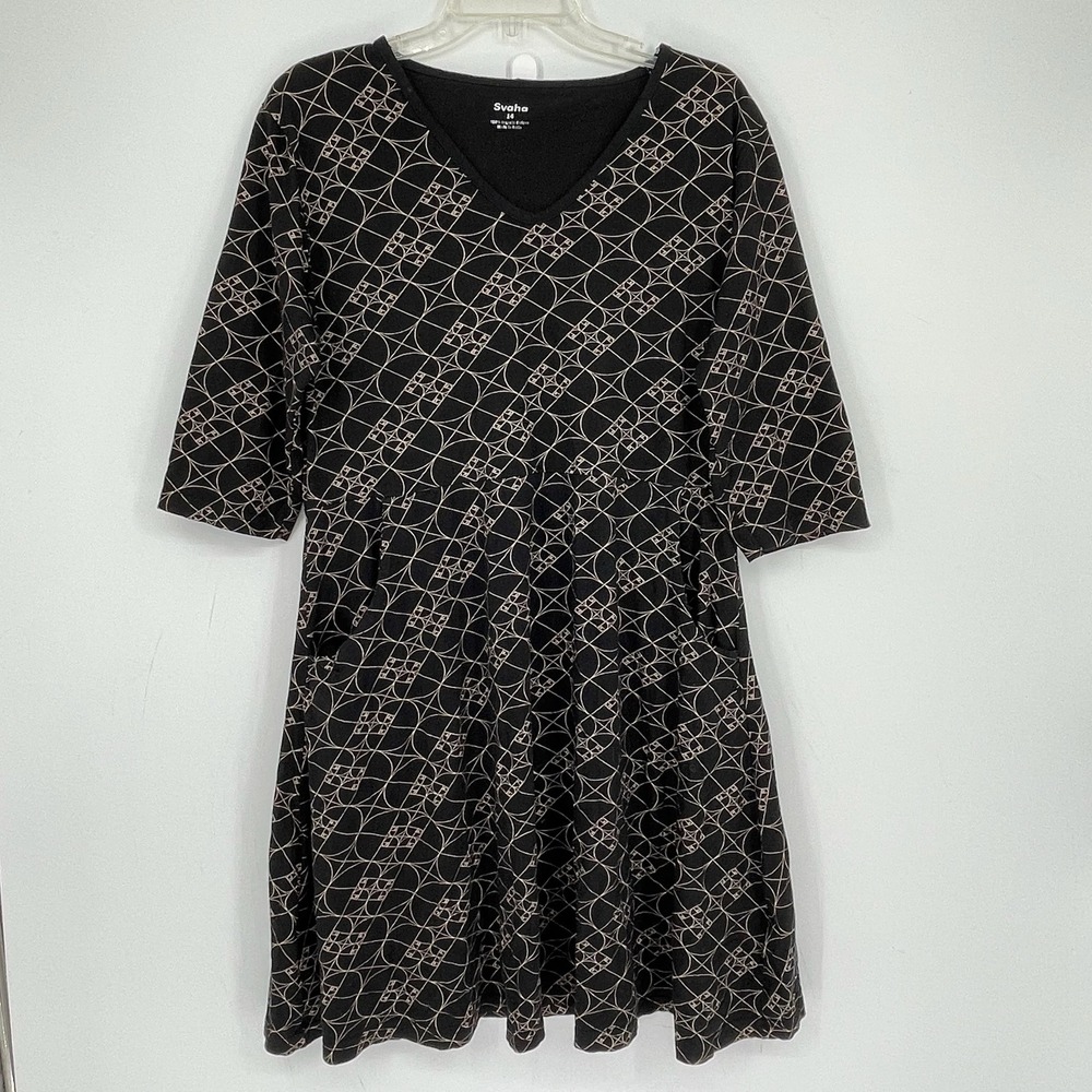 Svaha Women's Black Organic Cotton Fibonacci Spiral Fit & Flare Dress Size 14